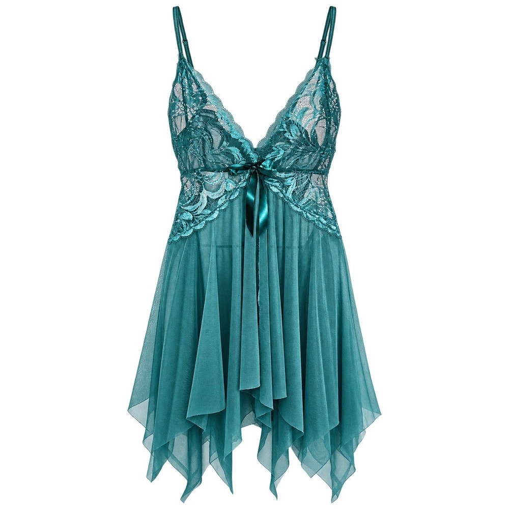 Avidlove Teal Green Lace Mesh Babydoll Chemise Handkerchief Hem XS